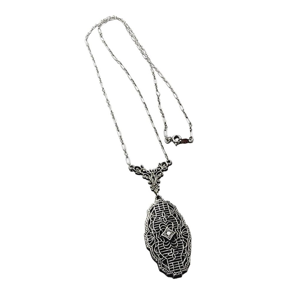 Signed Vintage Sterling Art Deco Style Pendant Necklace (A1587)